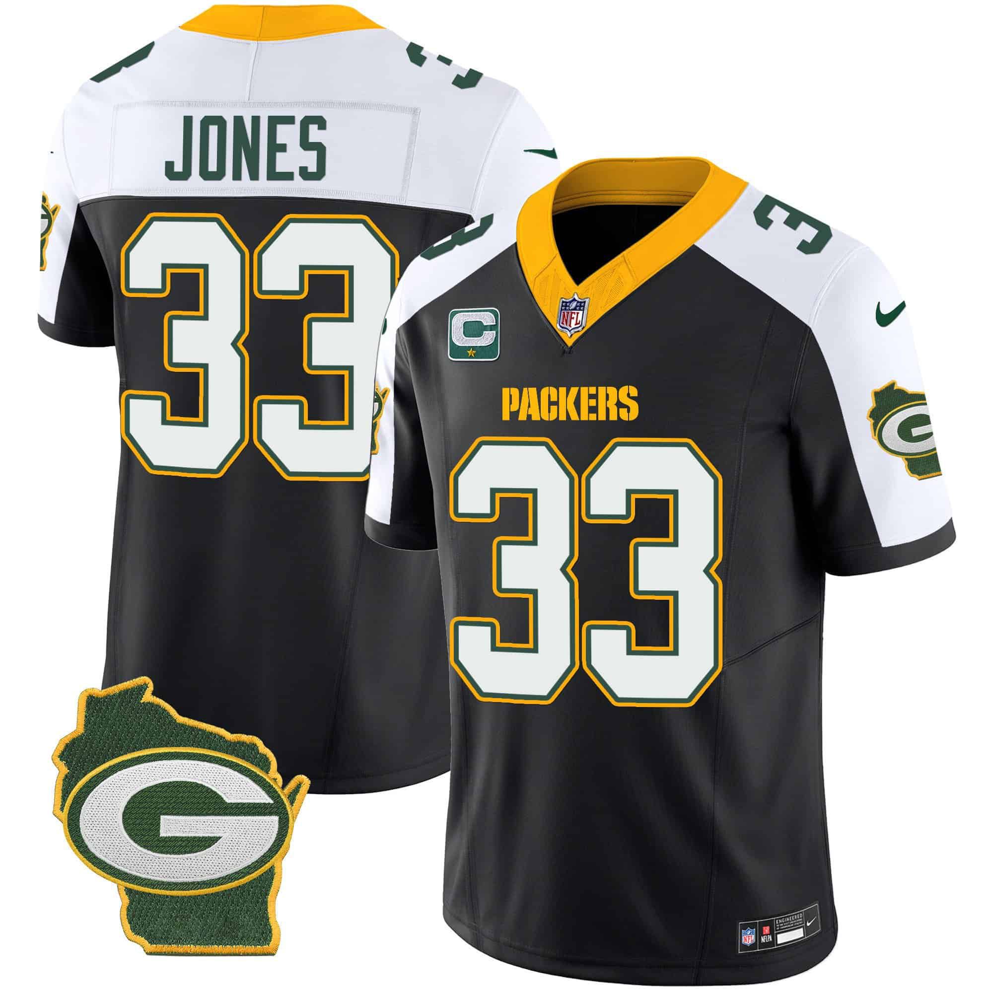 Men Green Bay Packers #33 Jones Black 2024 Nike Home Patch Vapor NFL Jersey